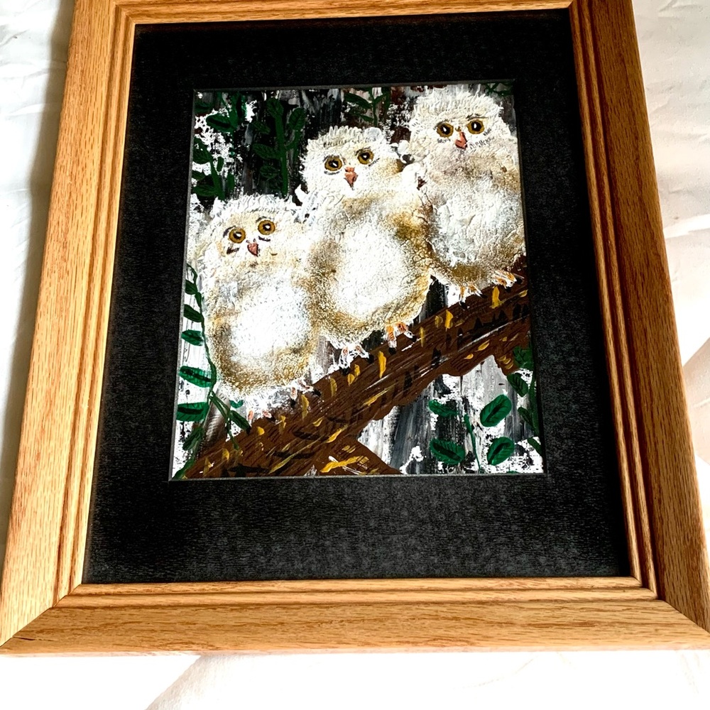 🦉Original mixed media 16 by 13 baby owls painting🦉